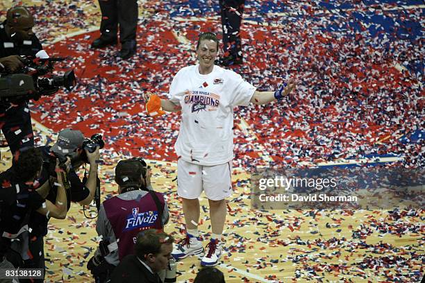 Katie Smith of the Detroit Shock celebrates after defeating the San Antonio Silver Stars in Game Three of the WNBA Finals on October 5, 2008 at the...