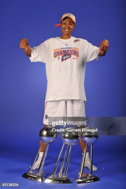 Deanna Nolan of the Detroit Shock poses for a portrait after winning Game Three of the WNBA Finals against the San Antonio Silver Star on October 5,...