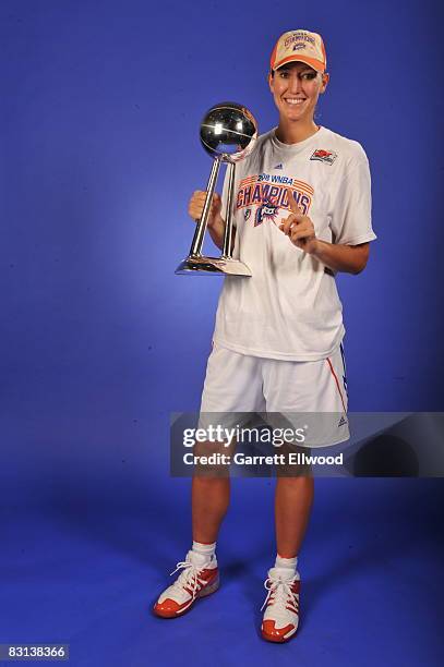 Kelly Schumacher of the Detroit Shock poses for a portrait after winning Game Three of the WNBA Finals against the San Antonio Silver Star on October...