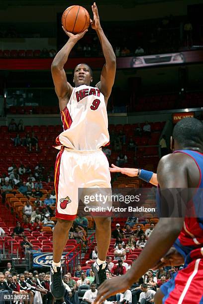 Yakhouba Diawara of the Miami Heat shoots against the Detroit Pistons on October 5, 2008 at the American Airlines Arena in Miami, Florida. NOTE TO...