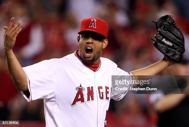 Pitcher Francisco Rodriguez of the Los Angeles Angels of Anaheim celebrates the last out of the eighth inning against the Boston Red Sox during game...