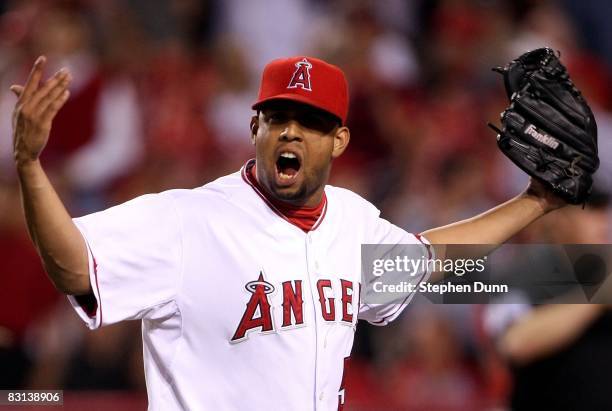 Pitcher Francisco Rodriguez of the Los Angeles Angels of Anaheim celebrates the last out of the eighth inning against the Boston Red Sox during game...