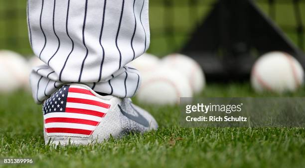 The Nike shoe of Tyler Wade of the New York Yankees before a game against the Boston Red Sox at Yankee Stadium on August 12, 2017 in the Bronx...