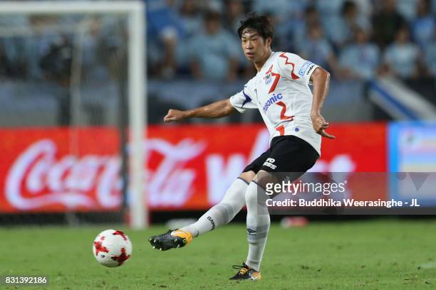 Genta Miura of Gamba Osaka in action during the J.League J1 match between Gamba Osaka and Jubilo Iwata at Suita City Football Stadium on August 13,...