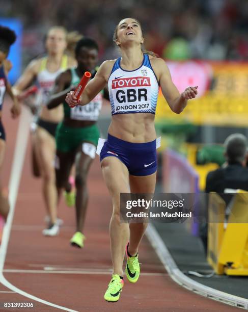 Emily Diamond of Great Britain anchors her team to silver during the Women's 4x400m Relay final during day ten of the 16th IAAF World Athletics...