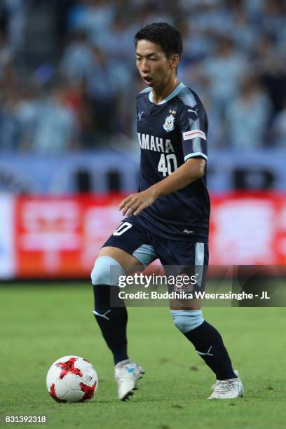 Hayao Kawabe of Jubilo Iwata in action during the J.League J1 match between Gamba Osaka and Jubilo Iwata at Suita City Football Stadium on August 13,...