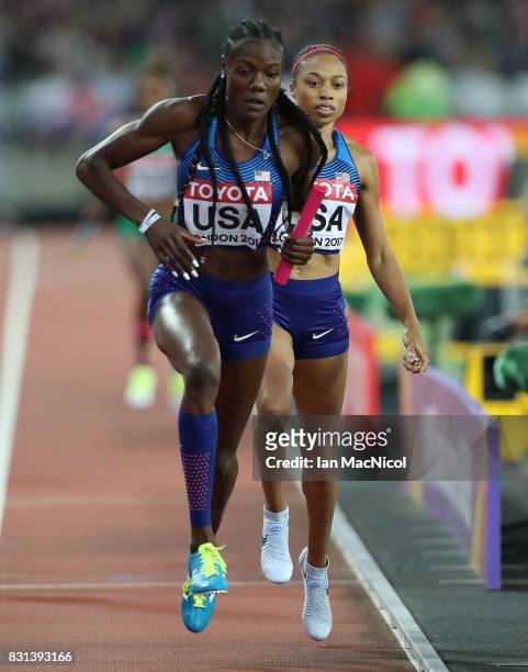Allyson Felix of United States is seen during the Women's 4x400m Relay final during day ten of the 16th IAAF World Athletics Championships London...