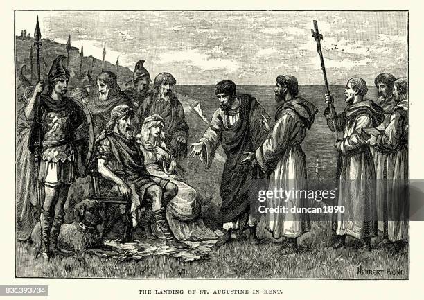 saint augustine of canterbury, landing in kent - st augustine of hippo stock illustrations