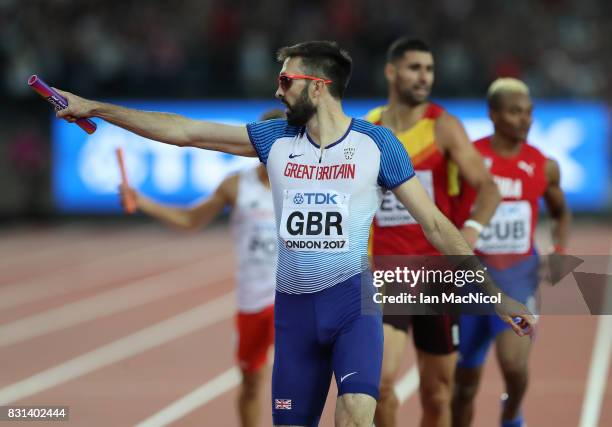 Martin Rooney of Great Britain anchors his team to bronze in the Men's 4x400m Relay final during day ten of the 16th IAAF World Athletics...