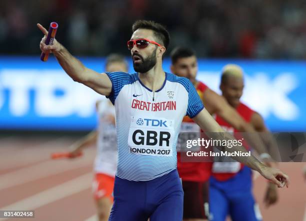 Martin Rooney of Great Britain anchors his team to bronze in the Men's 4x400m Relay final during day ten of the 16th IAAF World Athletics...