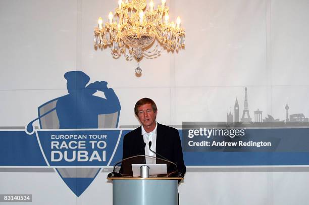 George O'Grady addresses the media during the launch of The Race To Dubai at a media day at the Turnberry Resort on October 6, 2008 in Turnberry,...