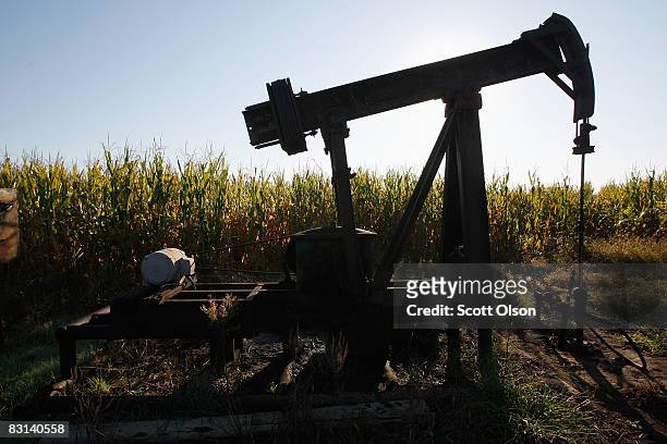 An oil well sits in the middle of a corn field on October 4, 2008 near New Haven, Illinois. Crude oil production in Illinois has been steadily...