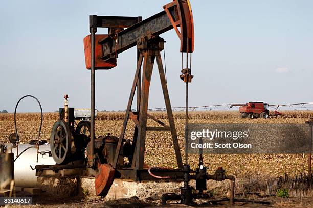 An oil well sits in the middle of a corn field on October 4, 2008 near Carmi, Illinois. Crude oil production in Illinois has been steadily declining...