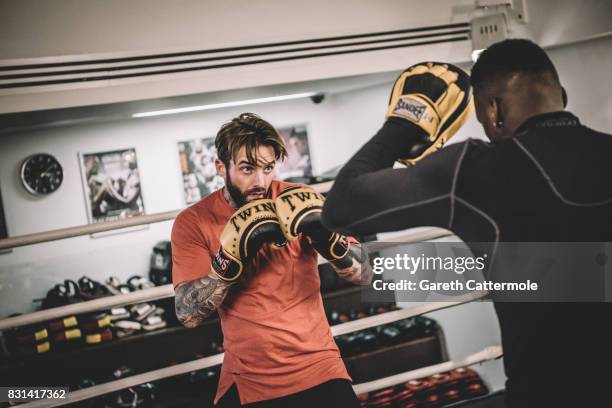 Aaron Chalmers of Geordie Shore is photographed during a MMA pre-fight workout at Urban Kings Gym on August 14, 2017 in London, England. The main...