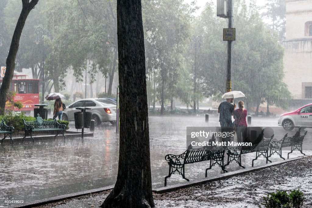 A young couple sharing an umbrella in heavy rain in Coyoacán Mexico City