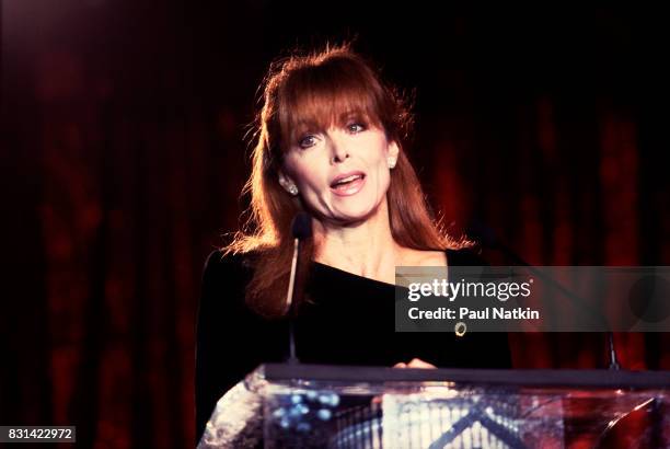 Actress Tina Louise speaks at the NBA All Star Dinner at the Hyatt Hotel in Chicago, Illinois, February 6, 1988.