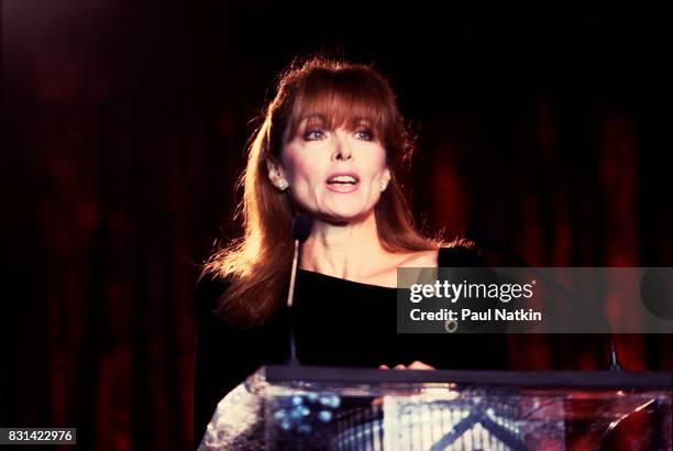 Actress Tina Louise speaks at the NBA All Star Dinner at the Hyatt Hotel in Chicago, Illinois, February 6, 1988.