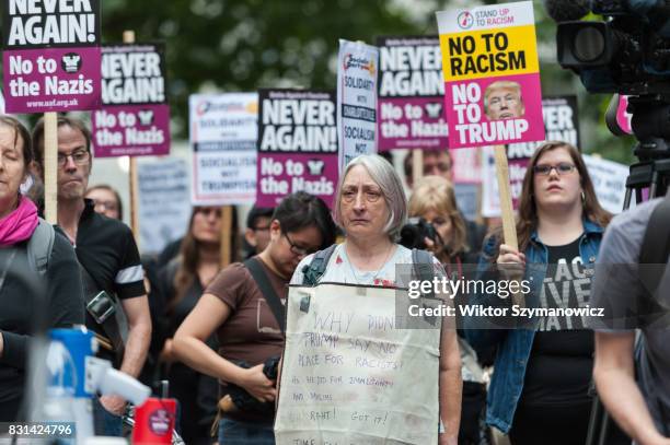 Activists from Unite Against Fascism stage a solidarity vigil/demonstration with Charlottesville anti fascists outside the US Embassy in response to...