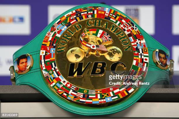 The WBC World Heavyweight Champion belt is pictured during a press conference on October 6, 2008 in Berlin, Germany. The WBC World Heavyweight...