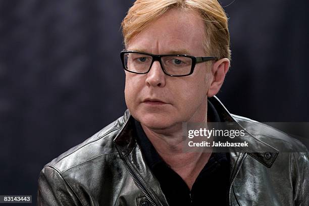 Keyboarder Andrew Fletcher of the British Synthie Pop Band Depeche Mode talks to the press during a press conference at the Olympic stadium on...