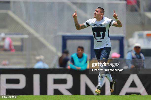 Nicolas Castillo of Pumas celebrates after scoring the second goal of his team during the fourth round match between Pumas UNAM and Lobos BUAP as...