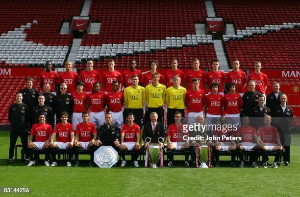The Manchester United squad pose during the club's official annual photoshoot at Old Trafford on September 23 2008 in Manchester, England. Back row :...