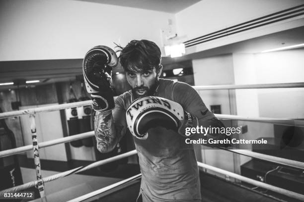 Aaron Chalmers of Geordie Shore is photographed during a MMA pre-fight workout at Urban Kings Gym on August 14, 2017 in London, England. The main...