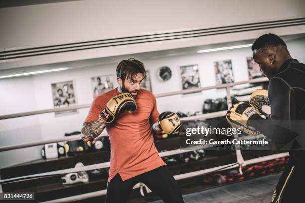 Aaron Chalmers of Geordie Shore is photographed during a MMA pre-fight workout at Urban Kings Gym on August 14, 2017 in London, England. The main...