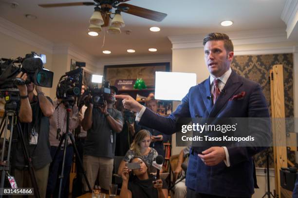 White nationalist Richard Spencer speaks to select media in his office space on August 14, 2017 in Alexandria, Virginia. Spencer, head of the...