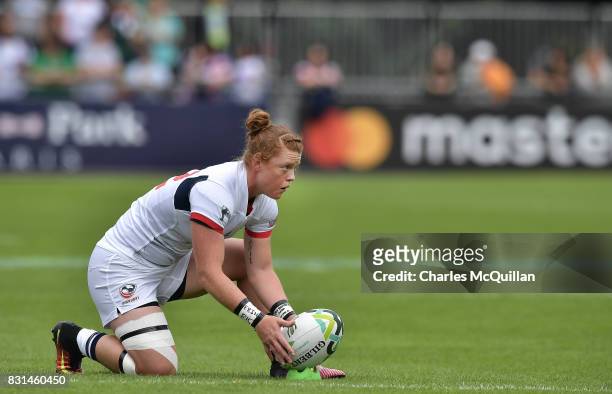 Alev Kelter of USA lines up a conversion during the Womens Rugby World Cup 2017 Pool B game between USA and Spain at UCD Bowl on August 13, 2017 in...