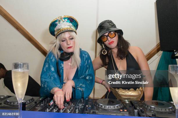 Karis DJ and Actress Karistocat with Laura Noir DJ Tasty Lopez at the Veuve Clicquot Champagne Bar, Wilderness Festival on August 4, 2017 in Cornbury...