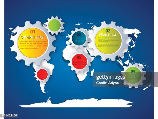 gears on world map - process automation abstract stock illustrations