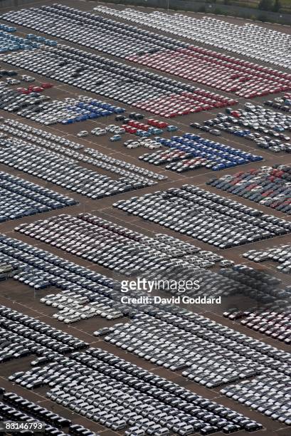 In this aerial photo imported cars are stored at Sheerness open car storage area awaiting delivery to car dealer's showrooms on October 1, 2008 in...