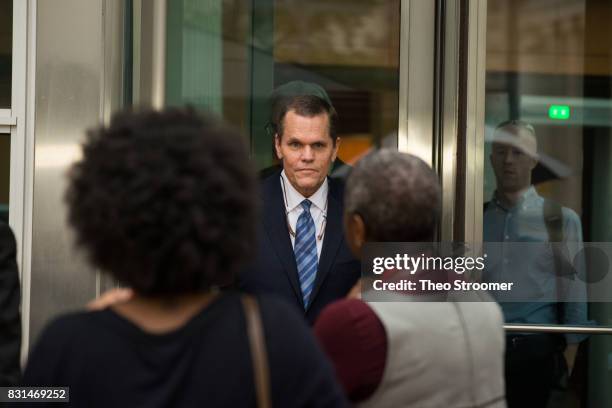 Taylor Swift's attorney J. Douglas Baldridge emerges following the verdict of the civil case of Taylor Swift vs David Mueller at the Alfred A. Arraj...