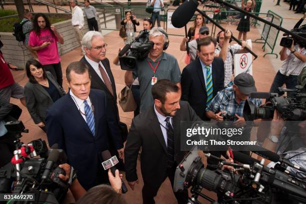 Taylor Swift's attorney J. Douglas Baldridge speaks to the media following the verdict of the civil case of Taylor Swift vs David Mueller at the...