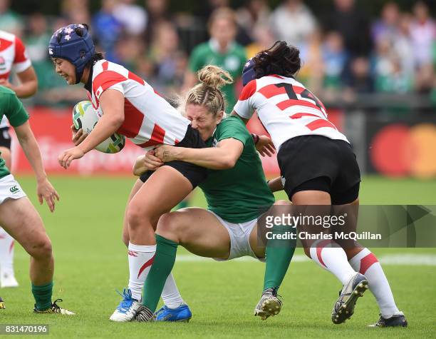 Alison Miller of Ireland tackles Mayu Shimizu of Japan during the Womens Rugby World Cup 2017 Pool C game between Ireland and Japan at UCD Bowl on...