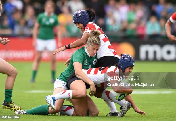 Alison Miller of Ireland tackles Mayu Shimizu of Japan during the Womens Rugby World Cup 2017 Pool C game between Ireland and Japan at UCD Bowl on...