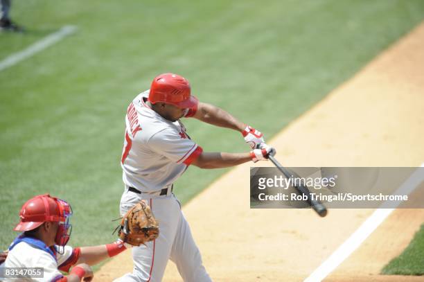 Howie Kendrick of the Los Angeles Angels of Anaheim at bat against the Philadelphia Phillies at Citizens Bank Park on June 22, 2008 in Philadelphia,...