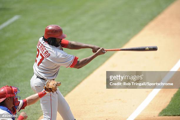 Vladimir Guerrero of the Los Angeles Angels of Anaheim at bat against the Philadelphia Phillies at Citizens Bank Park on June 22, 2008 in...