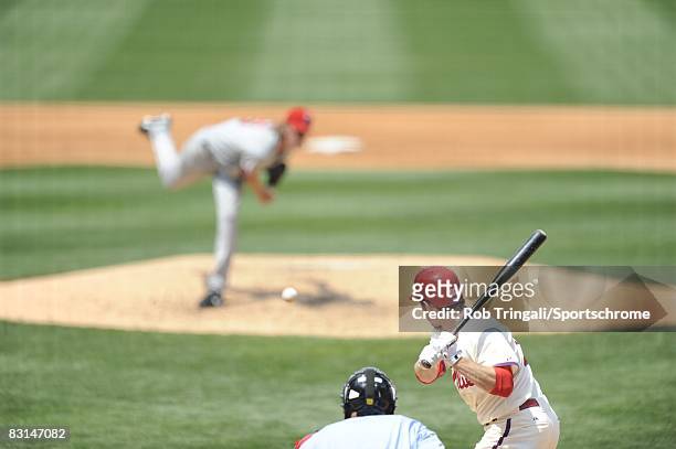 Chase Utley of the Philadelphia Phillies at bat against the Los Angeles Angels of Anaheim at Citizens Bank Park on June 22, 2008 in Philadelphia,...