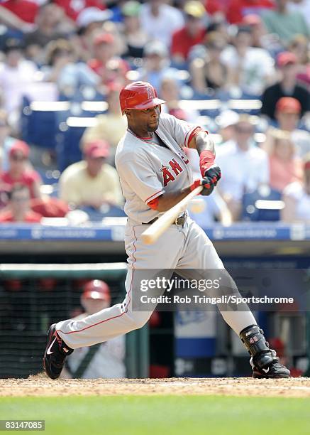 Torii Hunter of the Los Angeles Angels of Anaheim at bat against the Philadelphia Phillies at Citizens Bank Park on June 22, 2008 in Philadelphia,...