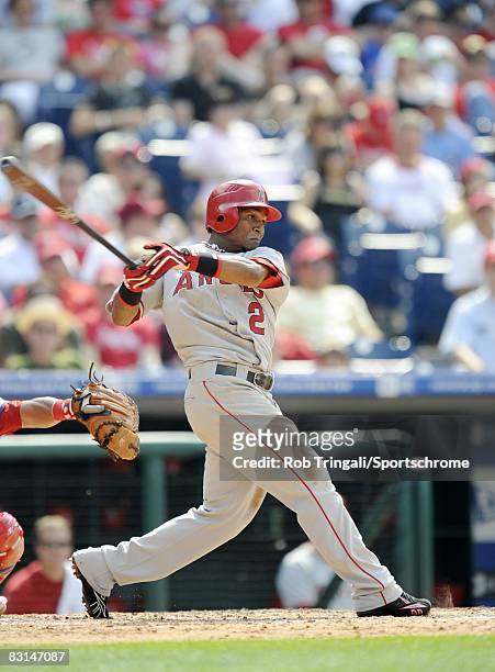 Erick Aybar of the Los Angeles Angels of Anaheim at bat against the Philadelphia Phillies at Citizens Bank Park on June 22, 2008 in Philadelphia,...