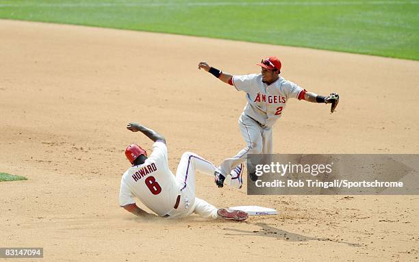 Ryan Howard of the Philadelphia Phillies is thrown out at second base by Erick Aybar of the Los Angeles Angels of Anaheim at Citizens Bank Park on...