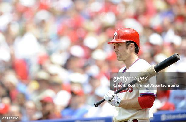 Chase Utley of the Philadelphia Phillies looks on from the on deck circle against the Los Angeles Angels of Anaheim at Citizens Bank Park on June 22,...