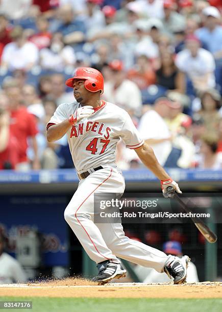 Howie Kendrick of the Los Angeles Angels of Anaheim at bat against the Philadelphia Phillies at Citizens Bank Park on June 22, 2008 in Philadelphia,...