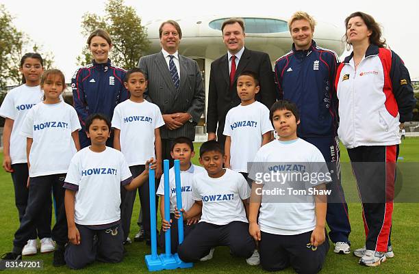The Rt Hon Ed Balls MP, Secretary of State for Children, Schools and Families poses for a picture with Charlotte Edwards of England, Giles Clarke,...