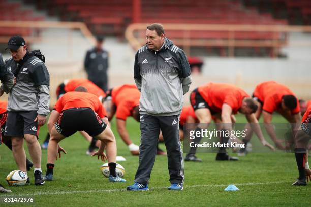 All Blacks head coach Steve Hansen looks on during a New Zealand All Blacks training session at North Sydney Oval on August 15, 2017 in Sydney,...