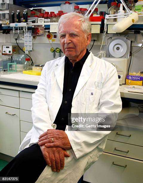 German scientist Harald zur Hausen poses in the labor at the German Cancer Research Center on October 6, 2008 in Heidelberg, Germany. Zur Hausen who...
