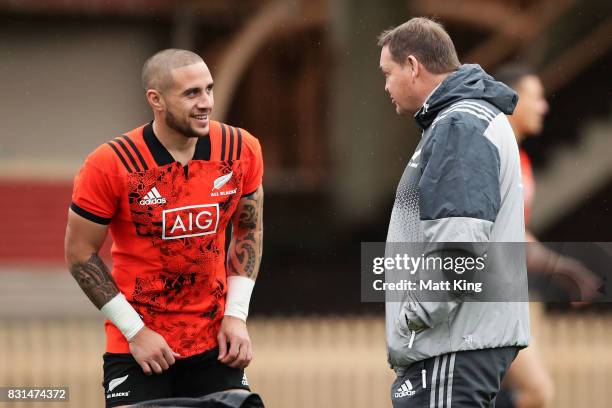 Perenara of the All Blacks talks to All Blacks head coach Steve Hansen during a New Zealand All Blacks training session at North Sydney Oval on...