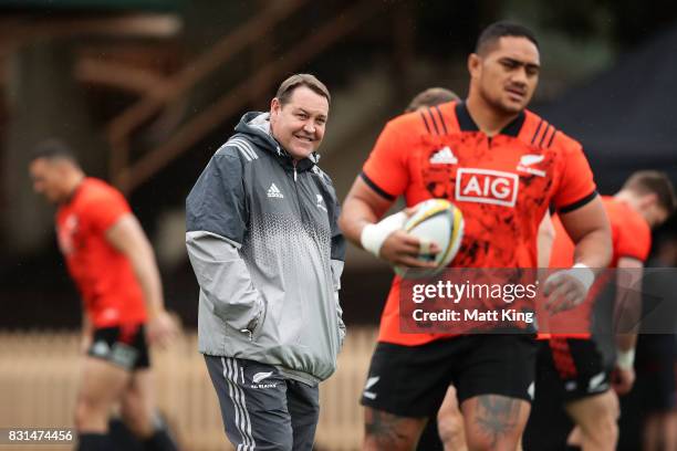 All Blacks head coach Steve Hansen looks on during a New Zealand All Blacks training session at North Sydney Oval on August 15, 2017 in Sydney,...